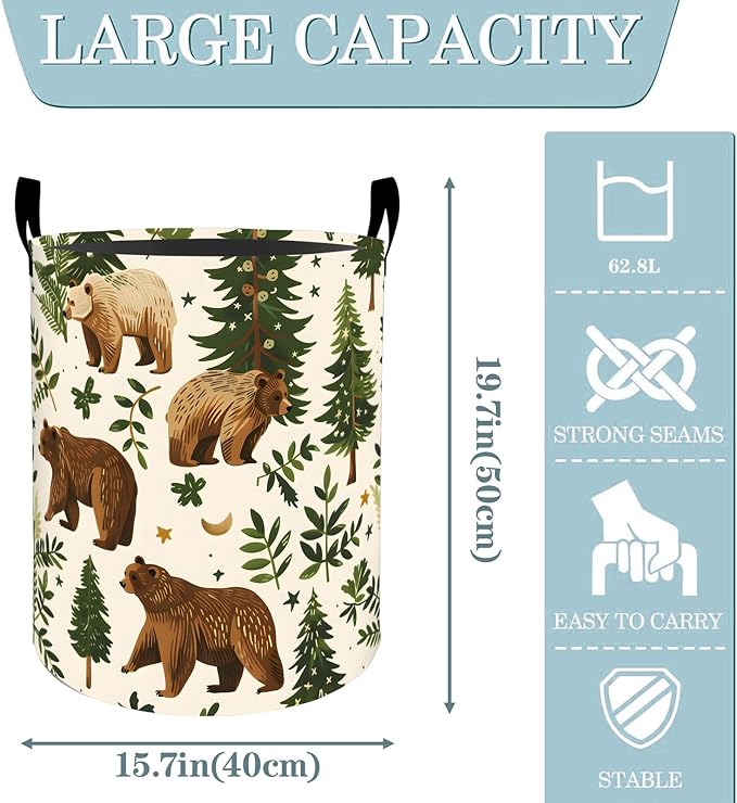 VODRM Woodland Bear Forest Laundry Basket, Dirty Collapsible Clothes Toy Organizer Hamper for Kids Adults, Oxford Cloth Waterproof Storage Bin for Bedroom Bathroom Nature Decor Gifts, 19.7"X15.7"