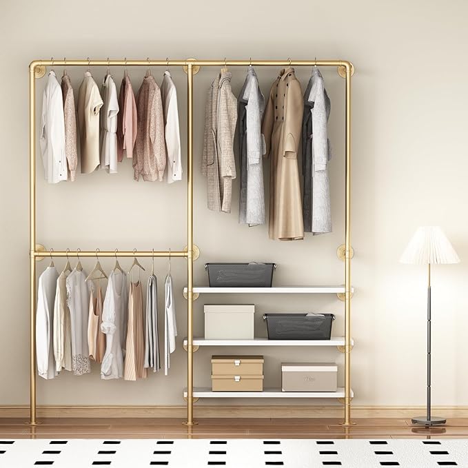 KAILNKISS Industrial Pipe Clothing Rack, Gold Clothing Rack with Shelves, Wall Mounted Clothes Rack Heavy Duty Closet Organizers Wardrobe Multi-Purpose Storage Clothes Hanging Shelf - 70.8''L Gold