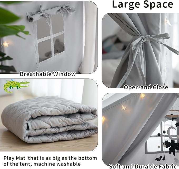 Kids Play Tent Indoor, Play Tents for Kids, Razee Large Playhouse Tent Play House with Padded Mat, Tent Castle for Toddlers, Play Cottage Kid Toys for Boy Girl Birthday Gift (Grey)
