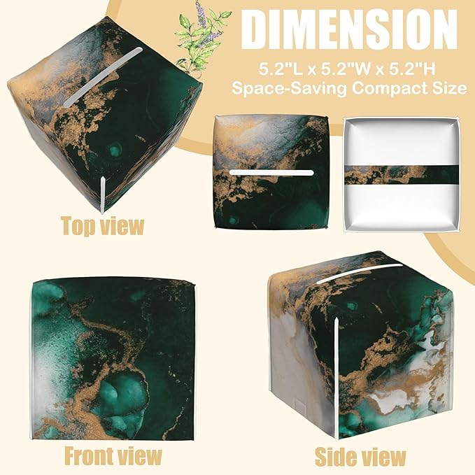 BLYKVGHQ Square Tissue Box Cover Teal and Gold Marble Tissue Box Holder Facial Cube Paper Dispenser Leather Decorative Organizer Home Office Desk Decor, 5.2"x5.2"x5.2"