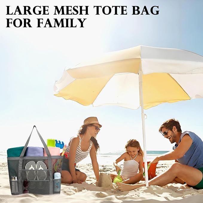 Fammart Mesh Beach Bag, Large Beach Tote with Zipper Pocket for Family Pool Bag for Toys & Vacation Essentials