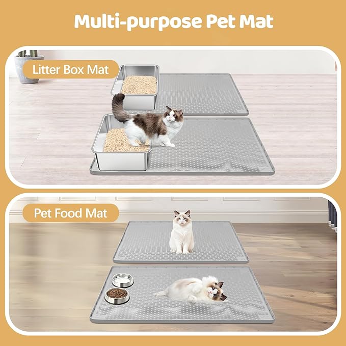 Bartuke Cat Litter Mat, 2 Pack Large 34" x 22" Silicone Mat Litter Trapping Mat for Scatter Control, Soft on Kitty Paws, Easy to Clean (Light Grey)