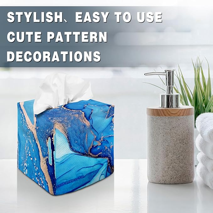 Tissue Box Cover Square Decorative Tissue Box Holder Cute Funny Cube Tissue Case Cover-Blue Marble Tissue Box Cover
