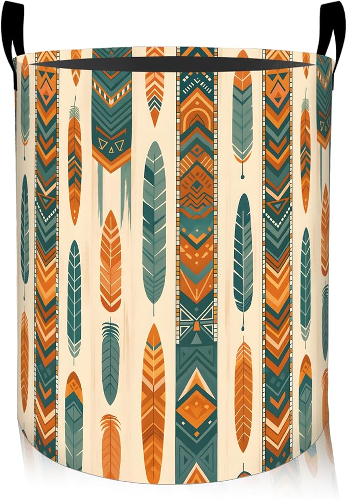ainori Feather Laundry Basket, Oxford Cloth Vintage Boho Dirty Clothes Collapsible Hamper for Room Decor, Tribal Inspired Print Gifts Toy Organizer 19.7 * 15.8 Inch for Bedroom Bathroom Dorm