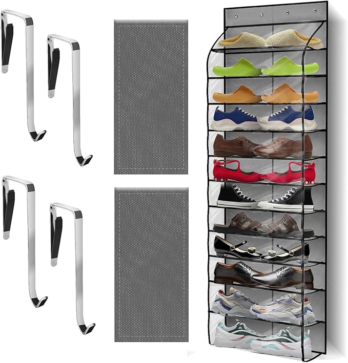 Kotkn Over The Door Shoe Organizer with 12 Large Breathable Pockets - Sturdy Hanging Storage for Shoes of All Ages - Gray
