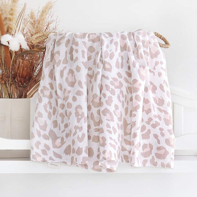 LifeTree Baby Muslin Swaddle Blankets Girl Newborn Receiving Blanket with Headband Bow Set Baby Blush Leopard Print Nursery Swaddle Wrap