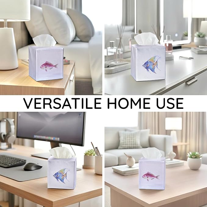 EmbroideryLinen.VN Tissue Box Cover Set of 2, Square Linen Tissue Holder, Printed Animal Pattern, 4.5x4.5x5.5 Inches, Decorative Holder for Bathroom, Living Room, Office (Fish)