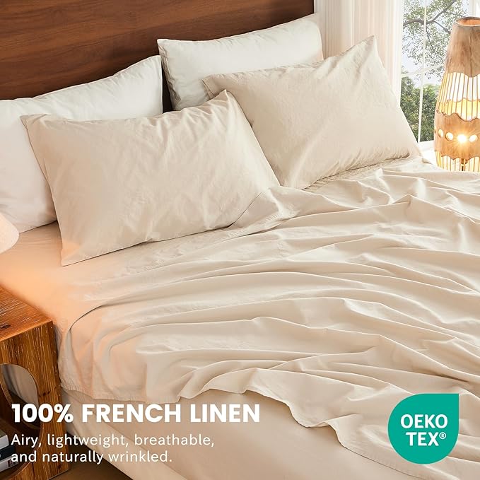 Bedlifes 100% French Linen Sheets California King Size 18-24" Extra Deep Pocket 4-Piece Set Breathable & Moisture-Wicking,Soft & Durable Sheets for Thick Mattresses(Linen)