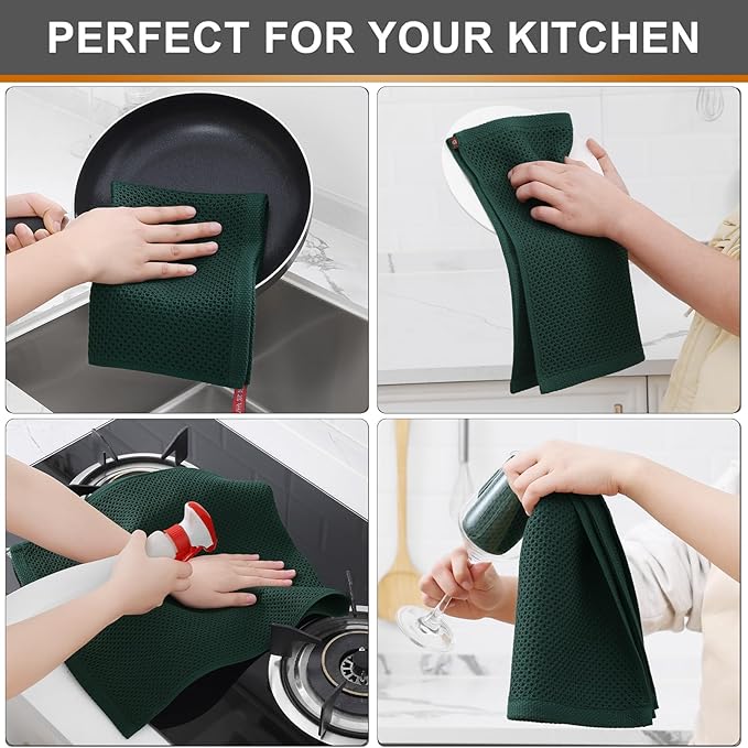 Kitinjoy 100% Cotton Waffle Weave Kitchen Towels, 12-Pack Super Soft and Absorbent Dish Towels for Drying Dishes, Kitchen Hand Towels, 13 in x 28 in, Blackish Green