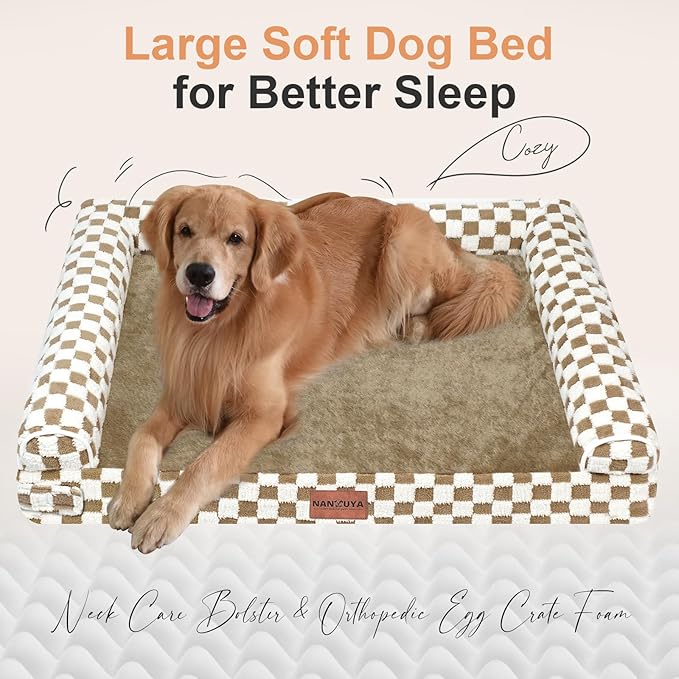 Large Dog Bed Orthopedic Washable: Beds Bolster XL Bed Large Big Dogs Egg Crate Foam Couch Sofa Waterproof with Removable Cover - Brown Grid