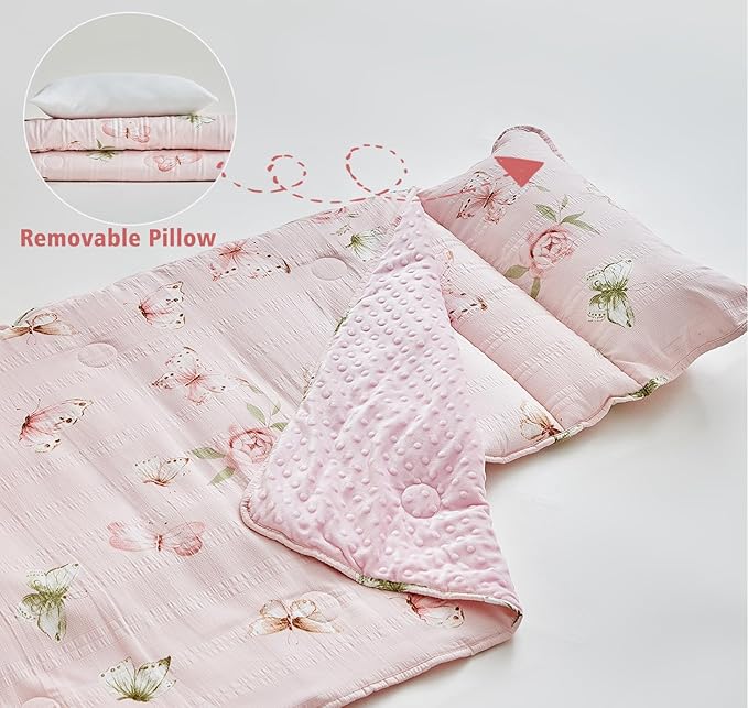 Toddler Nap Mat with Zipper,Detachable Minky Blanket and Removable Pillow,Soft Slumber Bags for Girls,Kids Sleeping Bag for Daycare Preschool Kindergarten,Flower Toddler Sleeping Mat - Butterfly