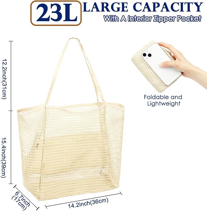 Fammart Mesh Beach Bag, Large Beach Tote with Zipper Pocket for Family Pool Bag for Toys & Vacation Essentials