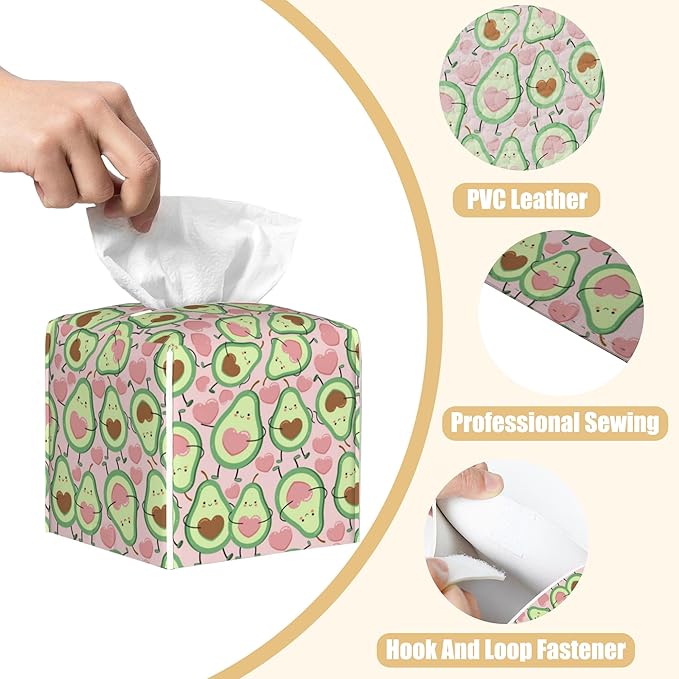 Leather Tissue Box Holder Avocado and Heart Tissue Box Cover Facial Paper Case Organizer Cube Napkin Dispenser for Bathroom Vanity Countertop Night Stand Office Car