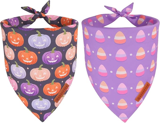 ADOGGYGO Halloween Dog Bandanas 2 Pack, Triangle Reversible Pumpkin Candy Print Pet Scarf Bib, Purple Halloween Bandans for Small Dogs (Small)