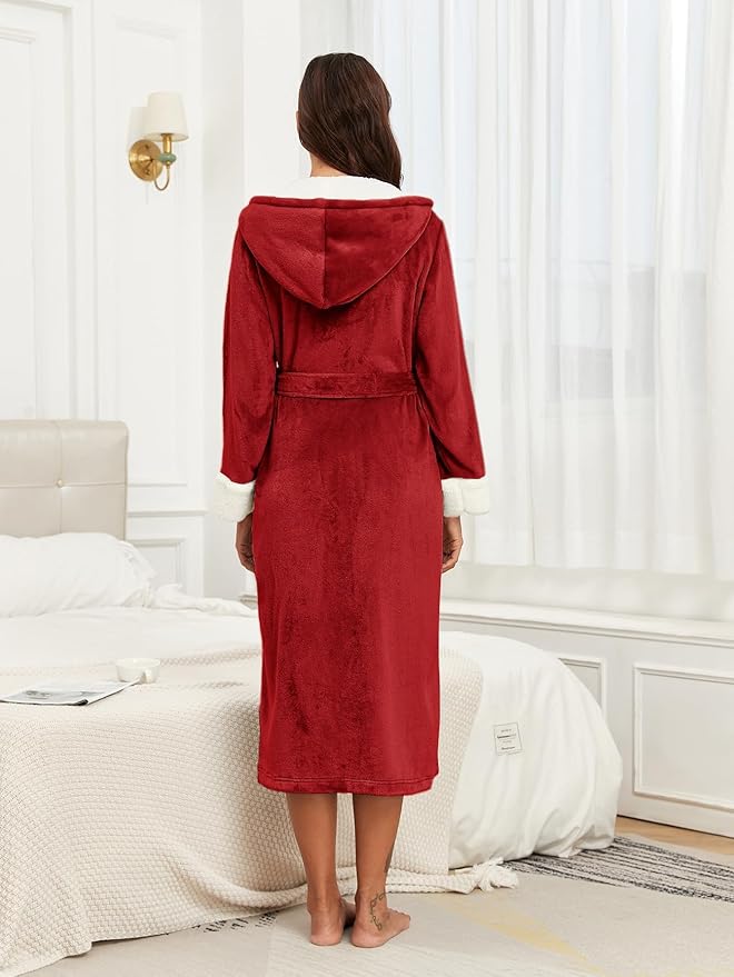RONGTAI Womens Plush Fleece Hooded Bathrobe, Thick Nightgown Long Robe Sleepwear with Two Side Pockets and Belt