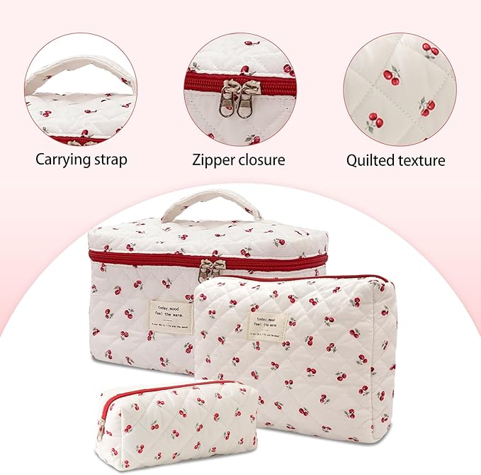 SXS LACONIC Quilted Makeup Bag,Large Cosmetics Bag Set,Cotton Coquette Floral Make up Pouch,Travel Toiletry Bag for Women