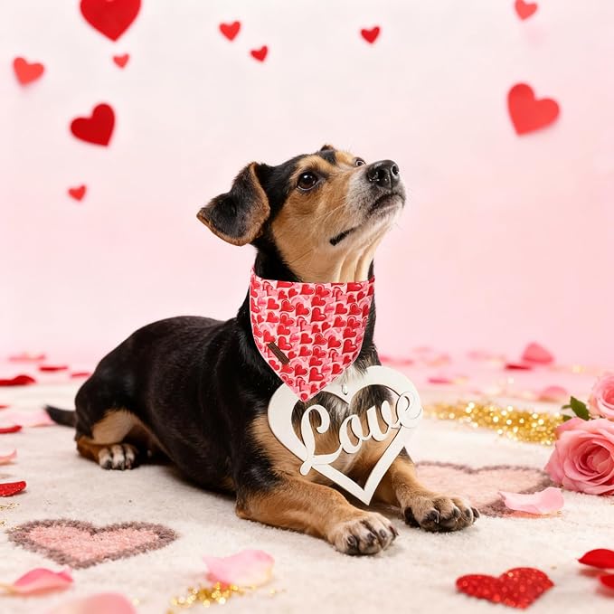 MR.CHUBBFACE Valentine's Dog Bandana, Cotton Valentine Red Heart Puppy Bandana, Adjustable Pet Pet Trangle Bibs Scarf