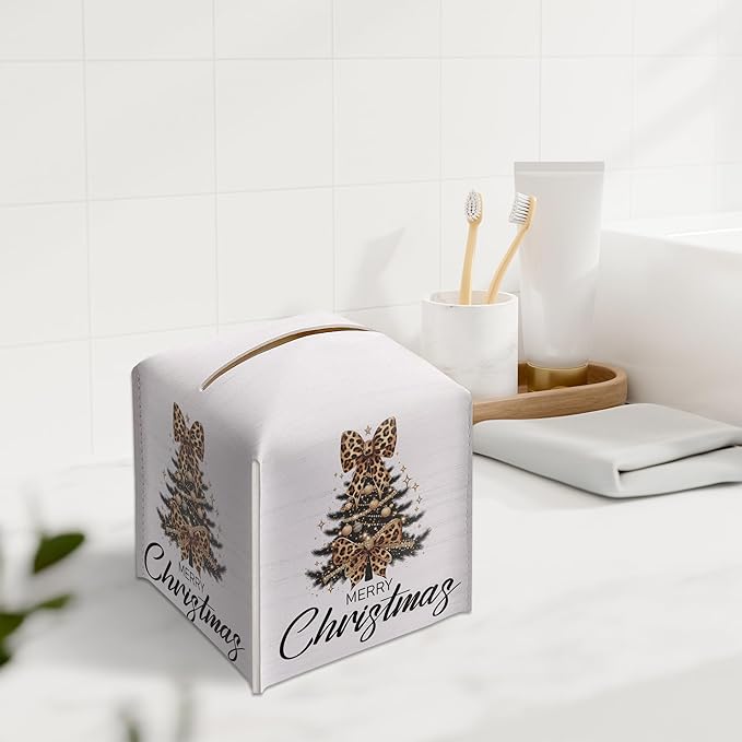 Christmas Tree Tissue Box Holder, Leopard Print Christmas Tree Leather Tissue Box Cover Square, Paper Facial Decorative Tissues Cover for Night Stands Bathroom Office Home Decor-B13