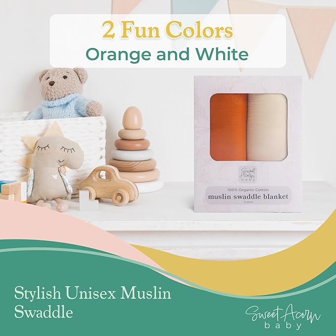 Sweet Acorn Muslin Swaddle Blanket – Soft Cotton Muslin Baby Blanket for Newborns, Infants, and Toddlers, All-Season Comfort Baby Essential - Orange and White