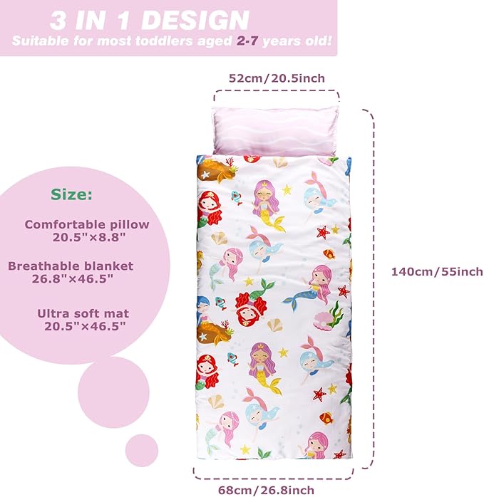 Hi Sprout Toddlers Nap Mat with Removable Pillow and Soft Blanket, Lightweight Daycare Preschool Kindergarten Sleeping Bag, Travel Slumber for Kids Girls Boys