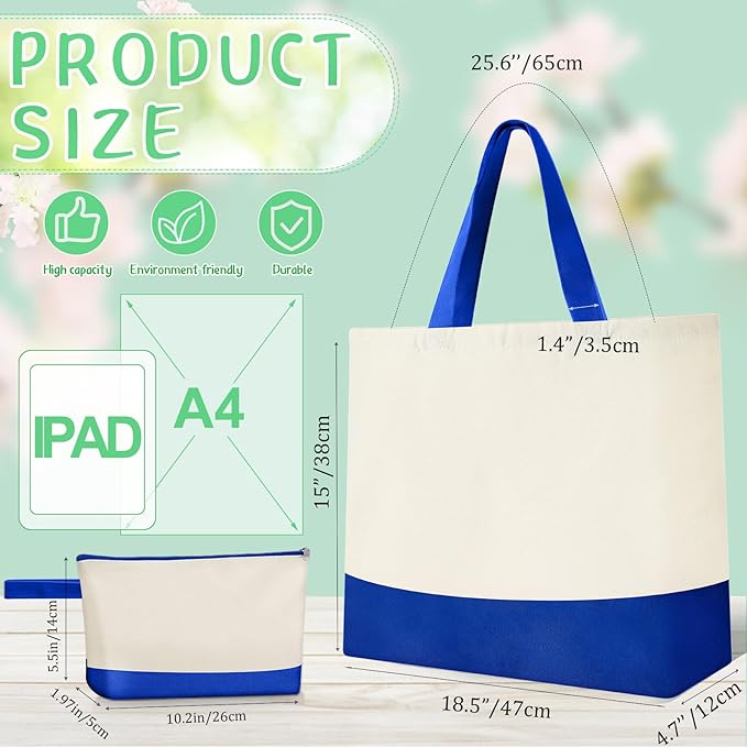 Sanwuta Canvas Tote Bags Bulk with Zipper Cosmetic Pouch 18.5" Reusable Cotton Shopping Bag with Handle for DIY Craft