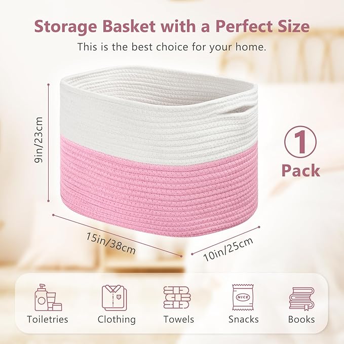 ECDYQXVU Cotton Rope Shelf Storage Basket, 15x10x9 in, Shelf Storage Baskets for Clothes, Towels, Books, Laundry (White/Pink, 1 Pack)