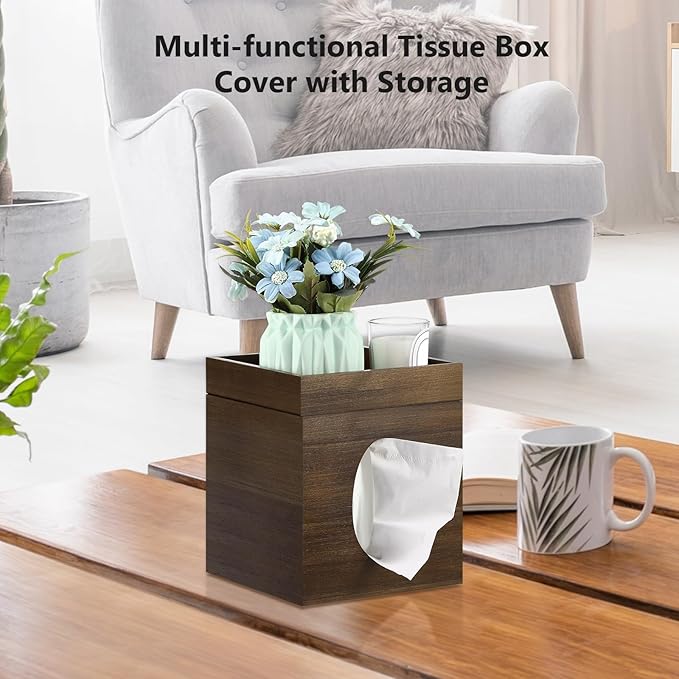 Tissue Box Cover, Brown Tissue Box Cover with Storage Tray Square Tissue Box Covers Holder for Bathroom, Bedroom, Dinner Table, Office, Tabletop 6" x 6" x 7.4"