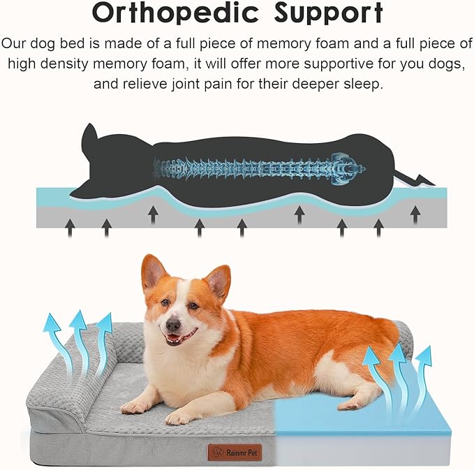 Rainmr Orthopedic Dog Beds for Large Dogs, Memory Foam Dog Beds Large Sized Dogs, Washable Removable Cover, Nonskid Bottom, Waterproof, for Indoor, Outdoor, Crate ＆ Car Use, 36x27x6 Inches, Light Grey