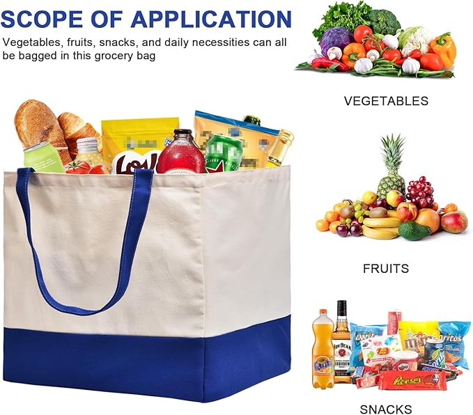 CNaiyunpin 3 Pack Canvas Reusable Grocery Bags Heavy Duty, 8.3 gal Foldable Large Tote Bag with Handles, Holds 60 lbs Canvas Shopping Bags & Washable Eco-friendly Bags with 5 Pockets, Blue+Off White