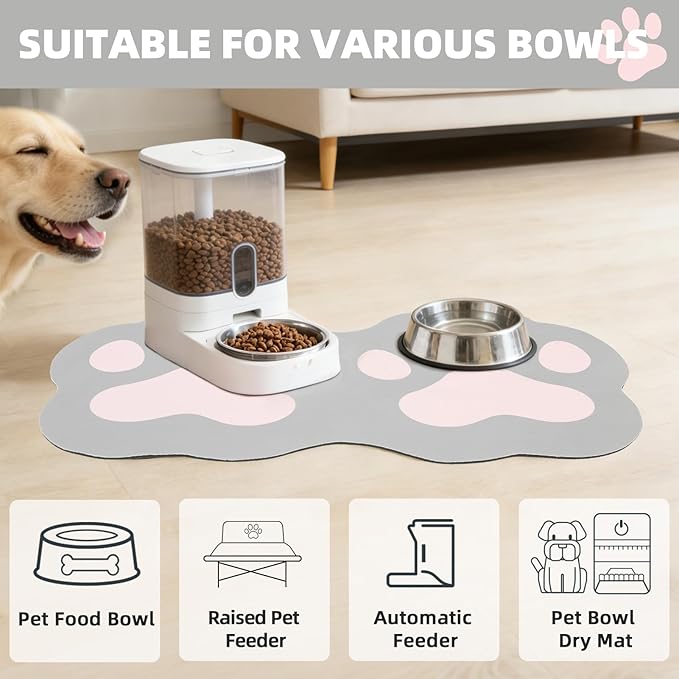 PUPTECK Dog Food Mat, Quick Absorbent Pet Cat Feeding Mat, Anti-Slip Dog Placemat for Food and Water Bowls with Rubber Backing, No Stains Floors Waterproof Indoor, LightGrey & Pink 16"x24"
