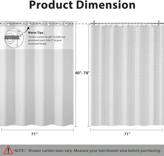 GICDSU No Hook Shower Curtain with Snap in Liner, Waffle Shower Curtain Set for Bathroom, Hotel Style with Semi-Sheer Top Window, Waterproof & Washable, Light Grey, 71" W x 80" L