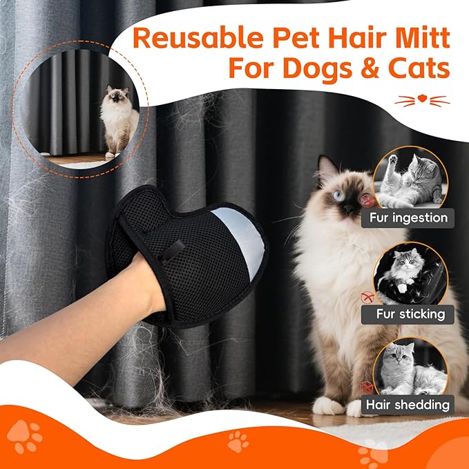 2 Pcs Pet Hair Remover Gloves for Cats & Dogs, Electrostatic Cat Hair Remover Dog Grooming Gloves, Reusable Pet Hair Cleaning Tool Washable Pet Hair Mitt for Carpet Curtain Clothing Couch Car Seat