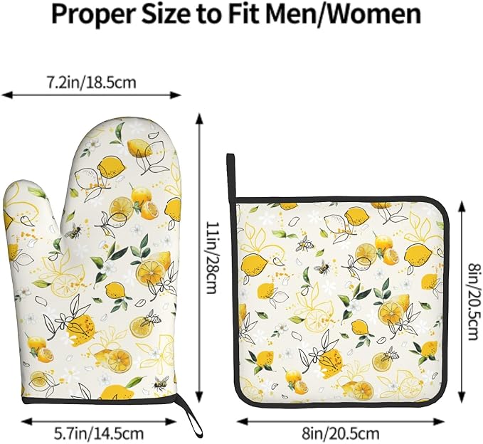 Lemon Oven Mitt & Pot Holder Set of 2，Spring Watercolor Floral Heat Resistant Kitchen Gloves Potholder Summer Fruit Cooking Gloves Pan Mats for Baking, Grilling, Kitchen，Outdoor