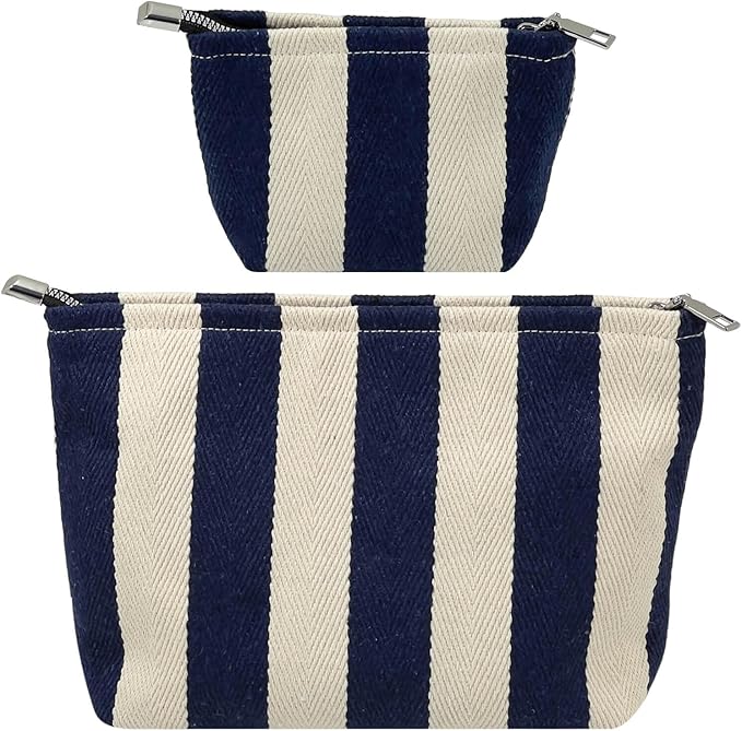2 Pcs Makeup Bag Set, Women Gifts, Travel Cosmetic Bags, Canvas Make up Bag for Purse, Blue Striped Makeup Pouch with Zipper Lining, Cosmetic Storage Car Organizer, Portable Large & Small Toiletry