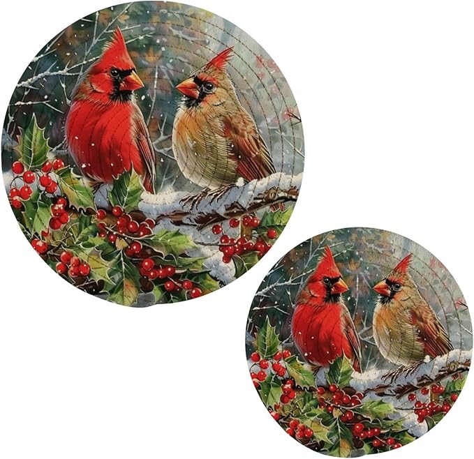 Boccsty Winter Two Cardinal Trivet Mat 2PCS Red Birds Round Woven Potholders Kitchen Table Countertop Protector Hot Pads Farmhouse Cooking