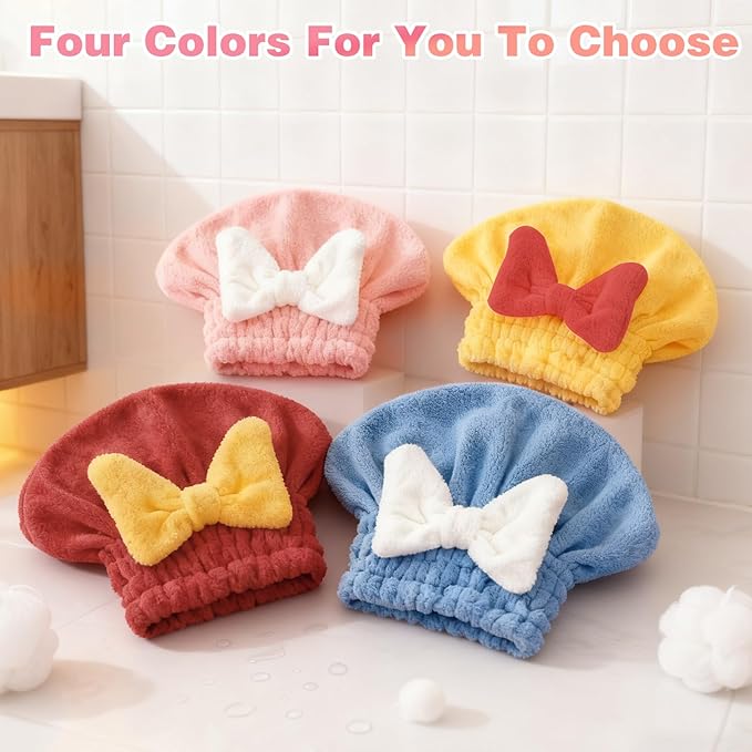 ploreatu Microfiber Hair Drying Caps, Christmas Absorbent Hair Towel Wrap for Women Wet Hair Quick-Drying Hair Towels, Soft Bow Tie Wet Hair Towel Wrap for Party Favors Goody Bag Filler (Pink+Blue)