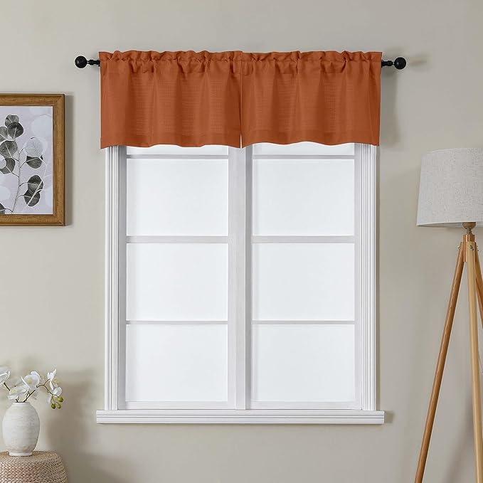 Lecloud Bessie Orange Valances for Windows 14 Inch Length 2 Pcs, Faux Linen Textured Cafe Kitchen Curtains, Rod Pocket Short Curtains, Window Valances for Bedroom Basement Bathroom, Each 30 W x 14 L