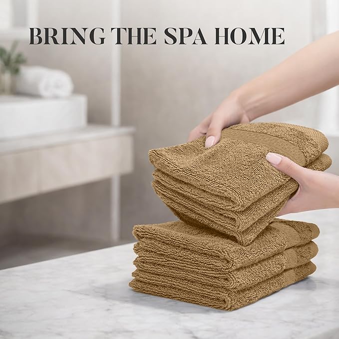 RIVERSIDE 12 Pack Premium 100% Cotton Face Wash Cloths, 12 x 12 Inches, Soft & Absorbent Face Towels for Bathroom Wash Clothes, 550 GSM, Luxury WashCloths for Showering, Body, Spa & Gym, Tan