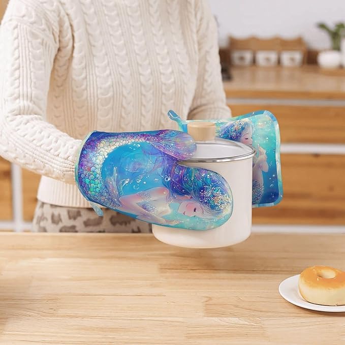 Oven Mitts Pot Holders Set Mermaid Childish Blue Sea Silicone Kitchen Gloves Potholders Heat Resistant for Chef Baking Cooking Grilling BBQ 4 Pack Mitt