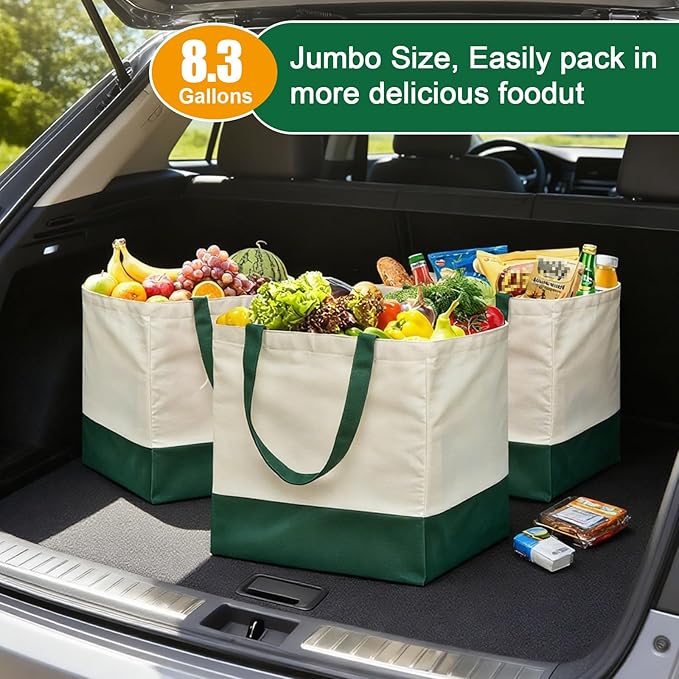 CNaiyunpin 3 Pcs Reusable Grocery Bags - Heavy Duty Canvas Bag, 8.3 gal Foldable Large Canvas Tote Bag with Handles, Holds 60 lbs Tote Shopping Bags,100% Cotton（Retro Green）