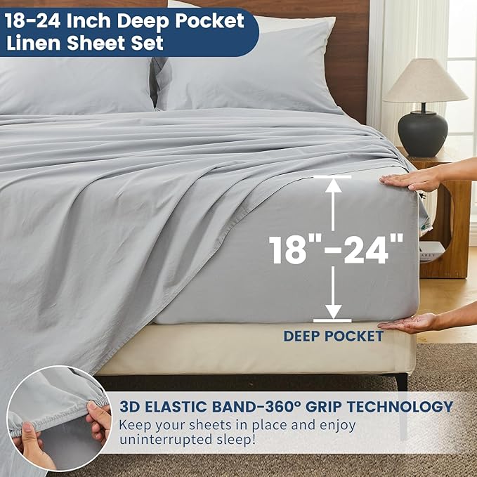 Bedlifes 100% French Flax Linen Sheets Set California King Size-6 Piece Extra Deep Pocket 18-24",Soft Breathable Cal King Bed Sheets with Temperature Regulating & Moisture-Wicking(Grey