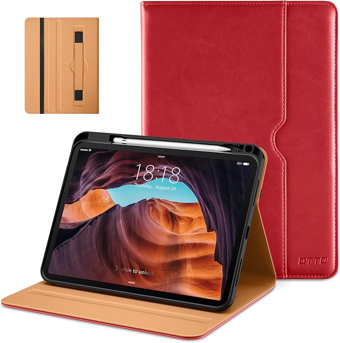 DTTO for iPad (A16) 11th Generation Case 11 Inch 2025, iPad 10th Generation Case 10.9 Inch 2022, Premium Leather Business Folio Stand Cover with Pencil Holder - Auto Wake/Sleep, Red