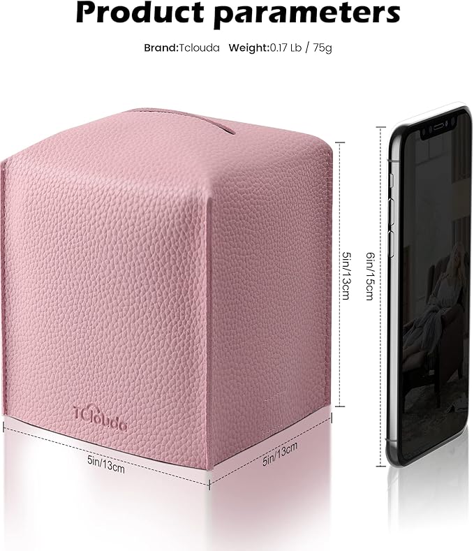 Tclouda Tissue Box Cover for PU Leather, Modern Simple Solid Color Holder Square Tissue Bag, Ideal for Bathrooms,Office,Car,Nightstand,Outdoor Tent,Dining Table,5"X5"X5", Double Pink