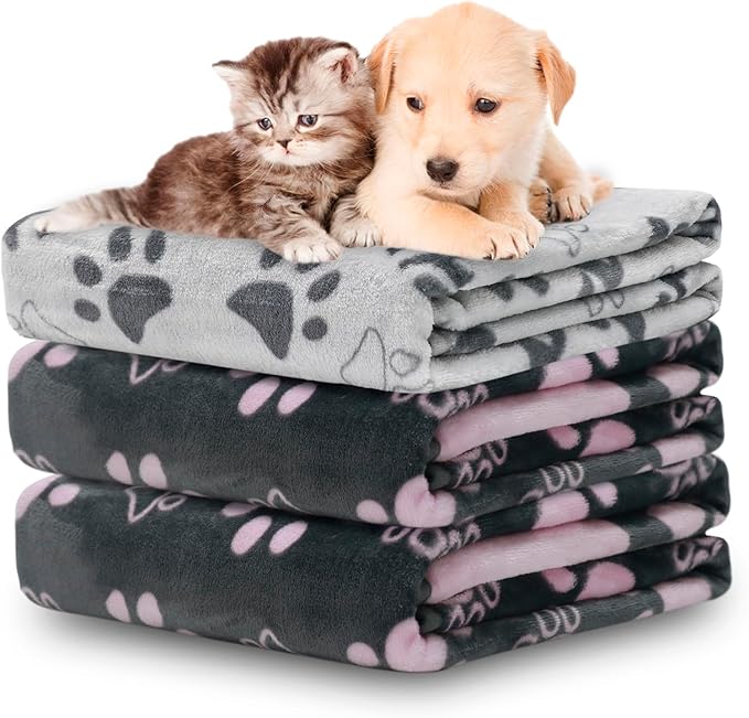 Gowyeg 1 Pack 3 Dogs Blankets for Large & Medium Dogs Washable, Super Soft Fluffy Premium Fleece Pet Blanket Flannel Throw for Dog Puppy Cat Paw Dog Products, Grey Pink, 41x31 inch