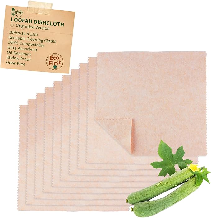 LNTPIP 10-Pack Reusable Cleaning Cloths, 11"x11" Loofah Fiber, Upgraded Swedish Dishcloth, Super Absorbent Odor-Free, Thickened Durable for All-Surface Kitchen, Bathroom Cleaning