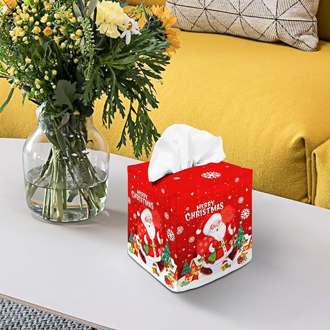 Tissue Box Cover Square Decorative Tissue Box Holder Cute Funny Cube Tissue Case Cover-Xmas Decor Christmas Santa Claus Tissue Box Cover