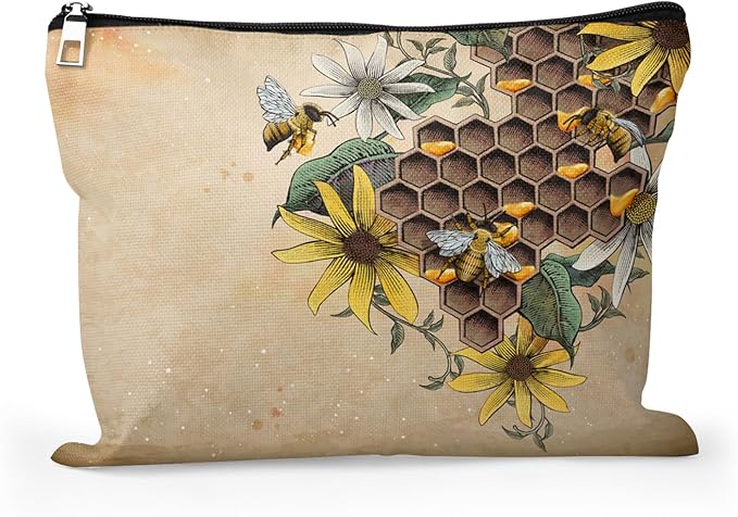 Cafl Retro Bee Makeup Bag Travel Large Honey Hive Cosmetic Bag Organizer toiletry Essentials Jewelry Zipper Bag Gift For Women -10×8 inch
