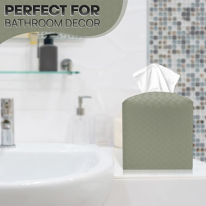 Tissue Box Cover Holder, PU Leather Tissue Box Cover with Braided Pattern, Square Tissue Holder with Bottom Belt, Modern Organizer for Bathroom, Car, Office,(Rock Gray Green, 12 Braided Patterns)