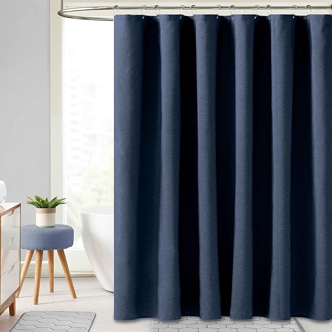 BTTN Blue Extra Long Shower Curtain, 72x96 Inch Long Linen Textured Heavy Duty Fabric Shower Curtain Set with 12 Hooks, Tall Decorative Neutral Waterproof Cloth Shower Curtain for Bathroom, Navy Blue