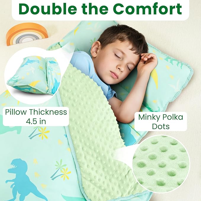 Beavtaens Toddler Nap Mat with Pillow and Minky Blanket, Large 55"x35" Sleeping Bag, Washable, Lightweight, Easy to Roll, Perfect for Preschool, Daycare, Kindergarten, Travel, Boys and Girls(Dinosaur)